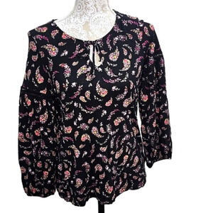 Old Navy womens boho long sleeve black floral top, Small